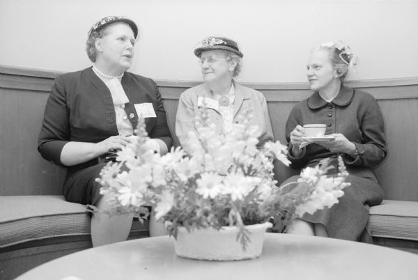 Shown attending a tea in honor of the Wisconsin Dietetic Association are, left to right: Ethel Keating, Milwaukee; Ada Lothe, Stoughton, who served on the association's executive board for 24 years; and Helen Geissel. 