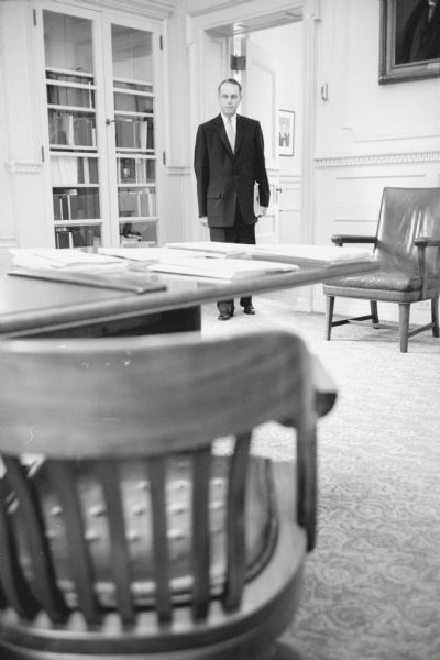 Dr. Conrad A. Elvehjem enters his office on the first day as the University of Wisconsin's thirteenth president.