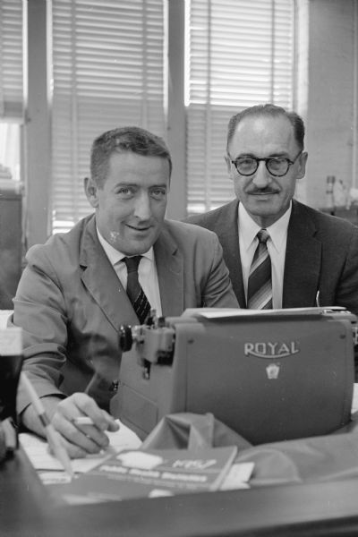 Portrait of Lew Roberts, political reporter for the <i>Wisconsin State Journal</i>, and Sanford "Sandy" Goltz, editorial page editor for the <i>Wisconsin State Journal</i>.
