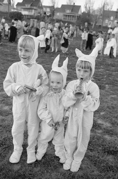 The Sunset Village Community Association holds a Halloween party for neighborhood youngsters. Shown dressed as bunnies are, (L-R): Kathy, Kevin and Cerri Halligan, children of Mr. and Mrs. James E. Halligan, 537 Blackhawk Avenue.   