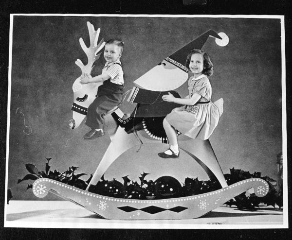 Composite photograph of Jimmy and Laurie Stein on a rocking horse.