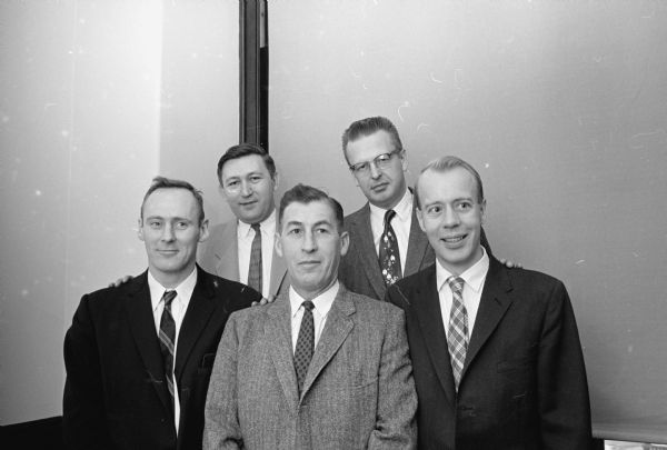 Dane County's State Assembly delegation ready for the 1959 session. Pictured, left to right, are: Richard Cates, Glenn Henry, David O'Malley, Carl Thompson, and Fred Risser — all Democrats.