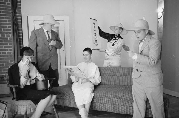 Eighth grade pupils rehearsing the play "Finders Creepers". Actors are, left to right: Cynthia Clarke, Wade Smith, Dick Harbort, Mike Savidusky and Jamie Halvorsen.