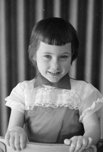 Portrait of Mary Jo Sweeney, one of seven kindergarten students at the Edgewood campus school whose photograph is featured in a newspaper article about the "little people" of Ireland such as leprechauns and banshees.   