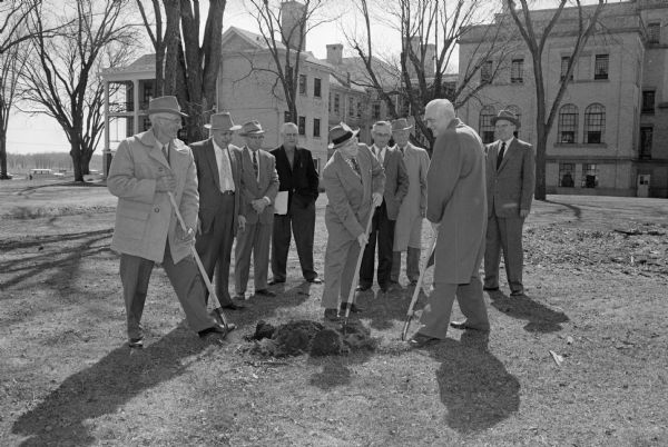 A groundbreaking ceremony is held for the new mental health wing of the Dane County Hospital and Home in Verona.
Shown (L-R) are Bert Thompson, county building committee member, Verona; Dana Rockwell, county building committee member, 422 Luster Avenue; Ewald Beitz, county building committee member, Town of York; Ford T. Horn, county building committee member, Stoughton; Ralph Moore, county building committee member, 2605 E. Johnson Street; H.S. Hoesly, county building committee member, Belleville; Ellis Potter, building architect, 3501 Lake Mendota Drive; Robert Riegel, county building committee member, Blue Mounds; and Edward J. Smith, Dane County Board Chairman.