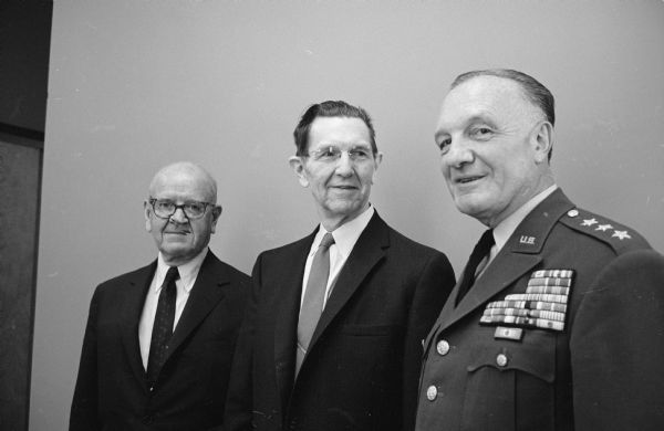 Three researchers who spoke at the Math Research Center dedication are shown, (left to right): Dr. William H. Martin, director of research and development, US Army; Rudolph E. Langer, director of the center; and Lt. Gen. Arthur G. Trudeau, chief of research and development, US Army.