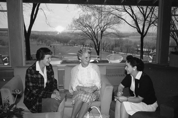 Chairmen of the Madison Country Clubs women group's Junior programs meet at Nakoma Country Club to make plans for the annual inter-club junior day to be held at Blackhawk Country Club. Shown (L-R) are: Mrs. Perry Armstrong, 4821 Tokay Street, Blackhawk Country Club; Mrs. V.C. Comstock, 3601 Blackhawk Drive, Maple Bluff Country Club; and Mrs. W H. Straub, 2111 Rowley Avenue, Nakoma Country Club.