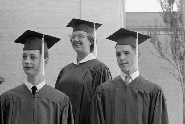 The top three students of the 1959 graduating class are, left to right, Nicholas Frost, Elizabeth Bergemann, and Thomas Kuehn.