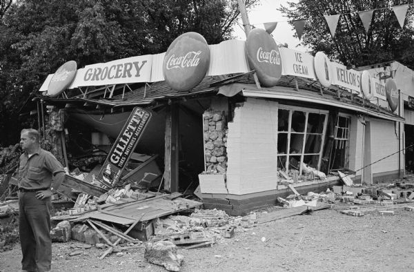 A gas explosion demolished the Kellor's store and garage near Oregon. The blast was thought to be caused by a leak in the underground gasoline storage tank or the vent pipes attached to the storage tank. The explosion occurred minutes before school buses arrived to unload school children living in the area.