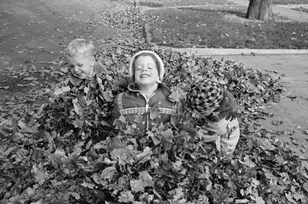 From left to right, smiling Gary Winner, Paula Schmarch and Stanley Schmarch, sitting in a pile of leaves.