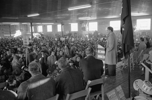 Then-Vice President Richard Nixon addresses a crowd at the Madison Municipal Airport while campaigning for the 1960 Presidential election.