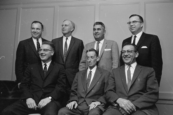 The leadership group of the Republican team of the Wisconsin Assembly for the 1961 legislative session. Front row, left to right: Robert D. Hasse, Marinette; David J. Blanchard, Edgerton; and Willis J. Hutnik, Tony. Back row, left to right: Robert G. Marotz, Madison; Walter Calvert, Benton; Paul R. Alfonsi, Minocqua; and Kyle Kenyon, Tomah.