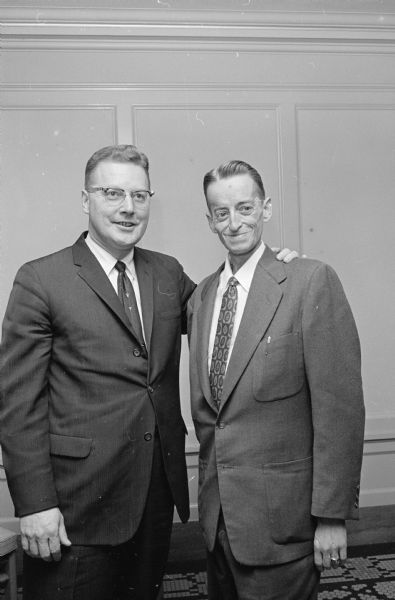 Veteran Assemblyman David J. Blanchard, Edgerton (right) was elected speaker of the 1961 Wisconsin Assembly by his fellow Republican legislators. Pictured on the left is Assemblyman Robert D. Hasse, Marinette, who withdrew from the race after being nominated from the floor.