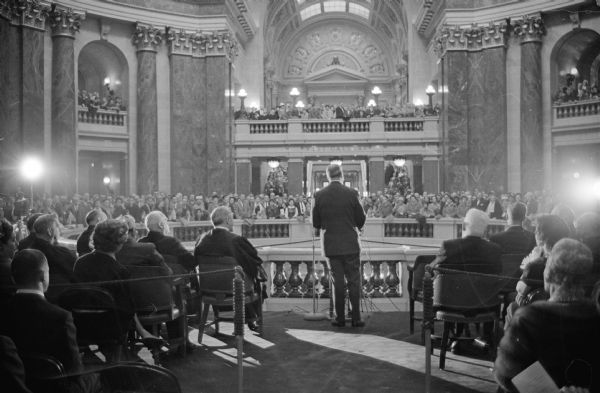Governor Gaylord Nelson delivering his inaugural address in the State Capitol rotunda.