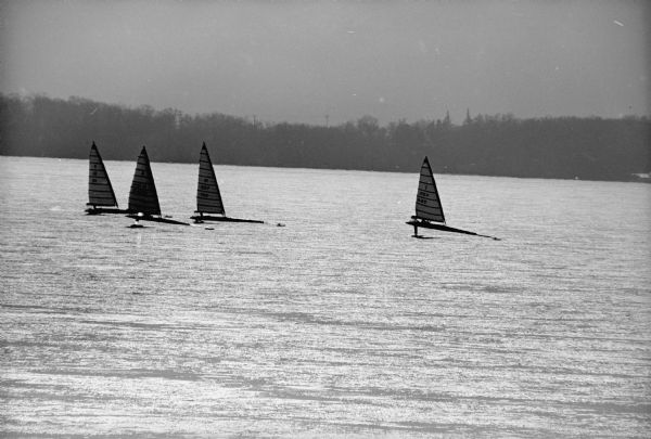 Ice boats on lake Monona during the International Skeeter Association regatta.