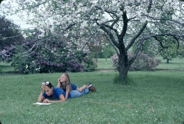 A mother and her daughter spend a day reading and relaxing in the U.W. Arboretum Longenecker Horticultural Gardens under a flowering tree.