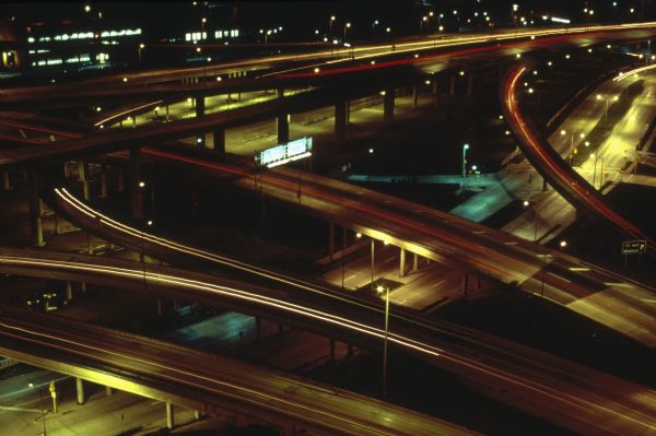 Aerial view of the sprawling Milwaukee interchange at night.