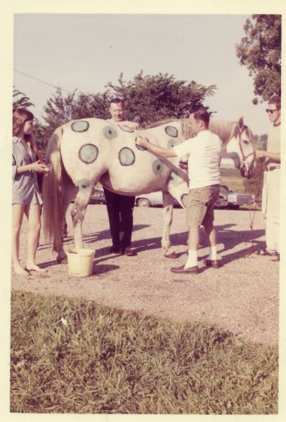 A female model is standing next to a horse painted with polka dots. The reverse side of the horse (unseen) is painted with stripes. Three men, one of them painting the horse, are standing nearby. The model was referred to as "Lady on the Horse."