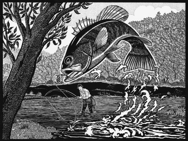 Imaginative pen-and-ink drawing of a view from a riverbank of a fly fisherman in hip waders, who is standing in a stream while hooking a bass. The fish is leaping out of the water with a large splash and a spinner in its mouth. This drawing appeared in the <i>Wisconsin State Journal</i> on May 7, 1964 with the caption, "Scene on Lower Grant River Near the Mississippi where Art Butterfield landed Big Bass last Season" and Sid's poem:
"Where the Mud Banks Line the River, 
And the Gravel's Washed With Time, 
Lurks the Lunker Bass Awaiting, 
For your Sporting Hook and Line."

The bottom edge of each negative shows a partial inscription to Joe Domerhausen and Sid's authorship "S" is in the lower right corner.