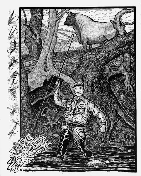 Imaginative pen-and-ink drawing of a fly fisherman in waders hooking a large fish while standing in a stream. Unseen, the fish is creating a large splash. The trunks and roots of large trees stand along the riverbank behind the fisherman, and a bull is standing prominently in profile above the fisherman behind the trees. In the far distance are hills. The left margin of the image depicts eight different kinds of fly fishing flies. Sid's authorship "S" is in the lower right corner. This drawing appeared in the <i>Wisconsin State Journal</i> on May 12,1966 with the caption, "The Angler Studies Stream Ecology, His Creel is Always Full, When a Lunker Steals His Favorite Fly, The Witness May Be Only a Bull."