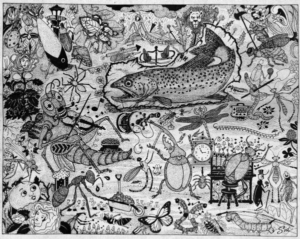 Imaginative pen-and-ink drawing of a large trout surrounded by a variety of insects, a fishing reel, and a fishing lure. This drawing appeared in the <i>Wisconsin State Journal</i> on May 2, 1980 with Sid's caption about what inspired the work when he decided to "dig up a few worms to go fishing. I went out in the backyard, looked at one square foot of ground and used my imagination." Some of the many depictions are of flowers, clocks, insects playing musical instruments, flowers with faces, and in the bottom right corner above Sid's authorship, a caterpillar carrying a fishing rod on its back.