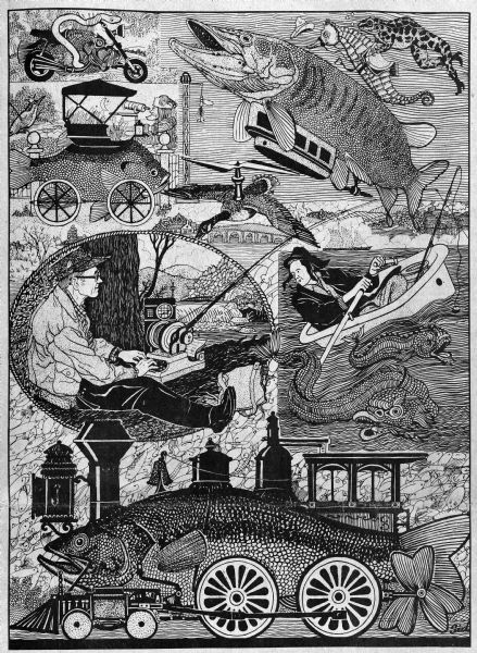 Imaginative pen-and-ink drawing. This drawing appeared in the <i>Capitol Times</i> on April 21, 1981 with Sid's caption: "a sportswriter with an automatic reel attached to his typewriter, an astrologer with his kingfisher prognosticator, a frog breaking in a sea horse, a novice mariner in his bathtub seeking unknown species in the sea of hope, a helicopter goose winging north, a dirigible muskie, a black bass that goes choo-choo and bluegills that go a little buggy in the spring." Sid's authorship is in the lower right corner. 