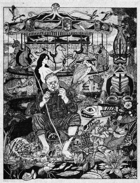 Imaginative pen-and-ink drawing. This drawing appeared in the <i>Capitol Times</i> on April 30, 1982 with the caption: "The opening of the state fishing season Saturday would not seem official without publishing one of Sid Boyum's perennial pen and ink drawings. This year's elaborate drawing by the local artist features a nearsighted fisherman's companions: waterbugs, beetles, frogs, chipmunks, raccoons, turtles and crayfish. 'A totem pole of fish striving to be birds, a mermaid and merry-go-round add a whimsical touch,' says Boyum. 'A crane tries his luck fishing in the muskrat haunts and ducks seek a nesting place'." Sid's authorship is in the lower right corner.