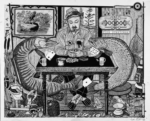 Imaginative pen-and-ink drawing of a man sitting at a table (inscribed PAM) and playing cards with a salmon and a muskelunge (muskie). The muskelunge appears to be passing an ace of diamonds to the trout under the table with his tail. On the back wall are a framed print and a fish stretcher below a rod with many lures. This card game is framed on all sides with fishing reels. Outside the left reel is a margin of ducks flying, a kingfisher sitting in a cattail, a dragonfly resting on grass, and a stash of fishing equipment and a pair of die denoting the chance of a game (cards or fishing). The bottom edge is a water scene of aquatic life like crayfish and shells. 

This drawing appeared in the <i>Wisconsin State Journal</i> on May 11, 1973 with Sid's caption: "As long as we are all antsy as fish out of water waiting for the season to open, what could be more relaxing than an honest game of stud poker with two worth protagonists. It is obvious that card sharks are not all sharks." He adds "Good luck and good fishing." Sid's authorship is in the lower right corner included with his hand signature and the year "89."