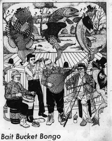 Imaginative pen-and-ink drawing that appeared in the <i>Wisconsin State Journal</i> on May 1, 1976 with Sid's caption: "The Atwood-Ave Clean Fresh Water Anglers are holding their annual recital on Opening Day, thanks to Doc Fosmark, Jim Karabis, Ralph Farrington and Walt Kleeman. How sweet it is! The Bait Bucket Bongo, the Fish Net Sonata, the Spinning Rod Minuet and the Beer Bottle Rhapsody. It's Opening Day for Fishing!" Sid's authorship is in the lower right corner. 