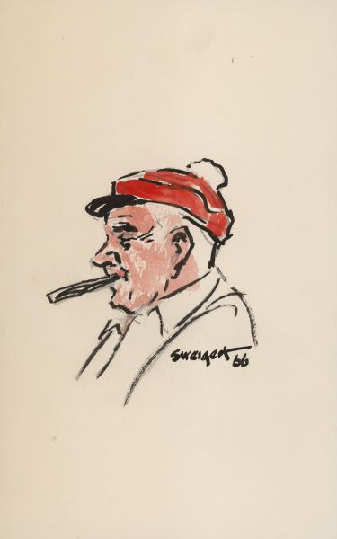 Head and shoulders watercolor portrait of Sid Boyum, in profile. He is wearing a red winter hat with white pom-pom and black brim, and has his signature cigar jutting out of his mouth.