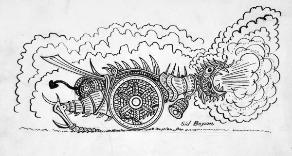 Pen and ink drawing of a fire-breathing dragon cannon on wheels and covered with armor plate.