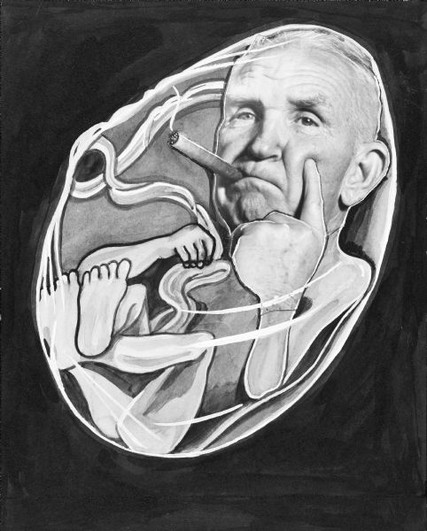 Created for a four-fold, copy art Christmas greeting card, the graphic shows Sid as a baby smoking a cigar in the womb. This head and left hand are photographic cut outs pasted onto the developing body of a baby drawn on board with black ink and white tempera.