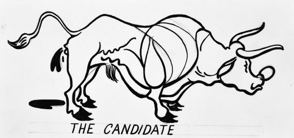 Drawing of a bull with a ring through its nose. The bull is excreting feces. Below the text reads: "The Candidate."