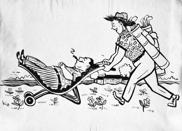Drawing of a man pushing a man smoking a cigar and sitting in a lounge chair with wheels on the front. The man pushing the chair is a caddy, since he is carrying two bags of golf clubs on his back. The man in the chair is relaxing with his feet up on the curved chair, with his hands clasped over his stomach.
