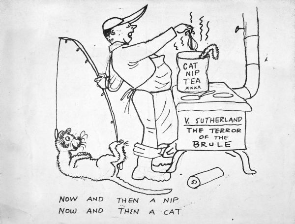 Drawing of a man wearing an apron making cat nip tea. The man is using one hand to drop something into a pot on the stove, and with the other hand holding a fishing rod which is attached to a cat that is laying on its back on the floor. "V. Sutherland The Terror of the Brule" is written on the side of the kitchen stove. On the bottom the caption reads: "Now and Then a Nip, Now and Then a Cat."