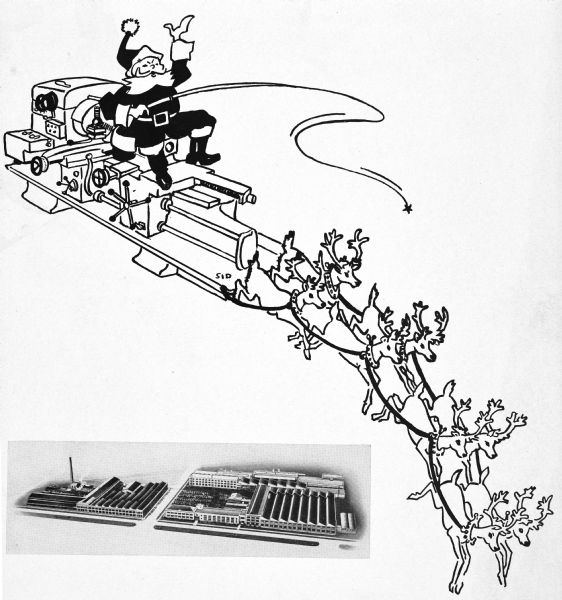 Composite drawing of Santa Claus riding a Gisholt Machine Company lathe as a sleigh and holding a starred whip in hand to guide a team of eight flying reindeer. At the bottom of the image is an aerial photograph of the Gisholt Machine Company plant on East Washington. The graphic is signed "SID."