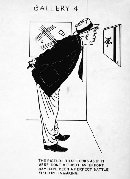 Drawing of Sid Boyum standing with his hands behind his back holding a cigar and bending over to look closely at an artwork hung on the wall in a gallery. It appears that he has spit tobacco at his own painting. The caption at the bottom reads: "The picture that looks as if it were done without an effort may have been a perfect battle field in its making."