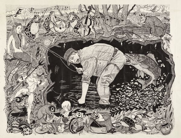 Imaginative pen-and-ink drawing of a fisherman in waders, standing in ankle deep water and bending over with one hand in the water. He is looking towards his rear, mouth open and without teeth, where a walleye is out of the water and biting the fisherman's behind. The border around the central image features a frog quartet, trees singing, a mermaid sitting on the bank, and Neptune. A fisherman's reel is resting on the bank in the foreground, surrounded by fish and other water creatures. Sid's authorship is in the lower right corner.

This drawing appeared in the <i>Wisconsin State Journal</i> on May 3, 1974 with the caption by Sid: "It is a world of mermaids, bull frog bands, singing trees, cricket juke boxes, mosquitos with three stingers, deer fly stings, satyrs fishing hidden pools, fish in armour plate, nymphs playing piccolos, and tadpoles with mushroom umbrellas. Who can forget the time when Jim dropped his false teeth in the pond and an old walleye picked them up and turned the tables on him?" 