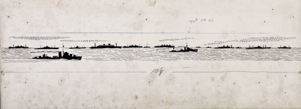 Illustrative pen-and-ink art showing ships on water. The panoramic view details different types and sizes of maritime vessels. Printer's annotations in graphite are beneath the drawing. 