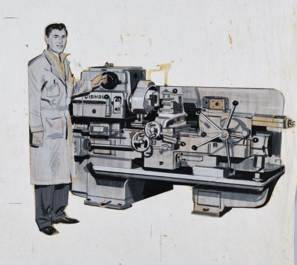 Illustration art of an engineer wearing work clothes and introducing a Gisholt Machine Company turret lathe. 