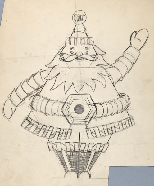 Sketch of graphite on board of Gisholt Santa with different kinds of machine parts attached to his body.