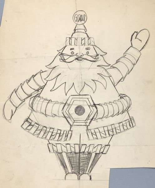 Sketch of graphite on board of Gisholt Santa with different kinds of machine parts attached to his body. 