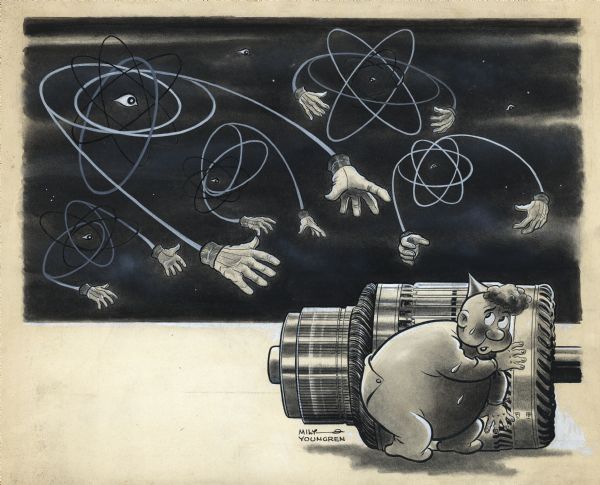 Illustration art cartoon figure hiding behind a large, turbine-type machine. He is looking over his shoulder at a black space with diagrams of atoms. The electron orbits have disembodied eyes, and extensions that end in cartoon hands wearing gloves reaching toward the figure in the foreground. 