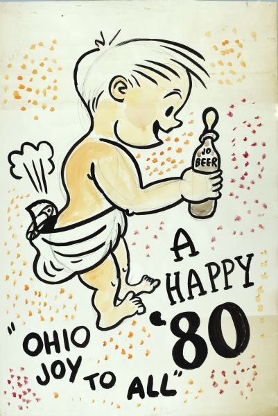 A baby, probably representing the New Year, is depicted wearing a diaper and holding a baby bottle that reads "Jo Beer." The text reads: "A Happy '80. Ohio Joy to All."