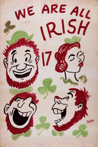 Four cartoon faces, three of them laughing leprechauns, one a stylish woman, with shamrocks scattered all about. Black line with red-brown for hair and beards, green hats and shamrocks. Red lettering reads, "We are all Irish 17" for Saint Patrick's Day on March 17th.