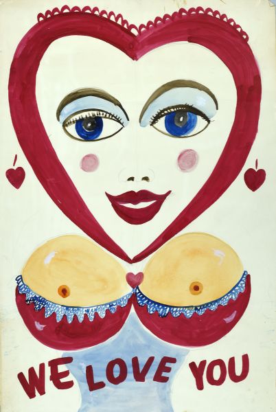 Cartoon drawing of a woman's face inside a heart outline in red. She has red lips, blue eyes, and heart-shaped earrings. Her large, round breasts are partly covered with red fabric trimmed in blue lace. Below, a body in blue tapers to a tiny waist to the edge of the paper. There is another, small red heart between the breasts. Letters in red across the bottom read: "We love you."