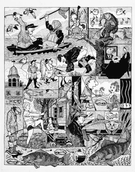 Imaginative pen-and-ink drawing that collages several scenes: a cigar-smoking fisherman holding a broken rod; a young Nancy Ryan with one leg propped on a lawn mower pulling the rest of the broken rod, which has its line winding up through tree branches to hook Ted Ryan on the rear, lifting him off his feet; a man with a fish on the line in a boat with a woman eyeing flying ducks with the net; singing fish and guitar-playing frogs; Whistler's Mother with a fishbowl on her lap, looking at fish portrait on the wall; a fisherman offering a seaweed martini to a mermaid; and, a man admiring a cat-faced fish. Sid's authorship is in the lower left corner. 