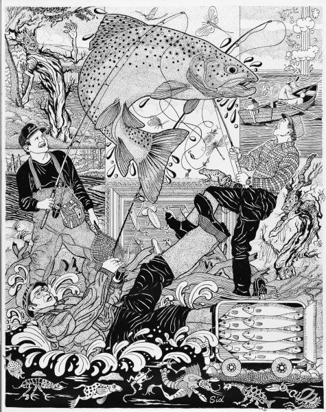 Imaginative pen-and-ink drawing of three fisherman, Clyde (Bud) Chamberlain with his creel, Stan Hamre, who has fallen backward into the water, and Carl Vogt, balanced on one leg, have their lines tangled while a prize, oversized trout is leaping above. Trees have faces, there is a man in a boat ignoring a massive water explosion, and an open sardine can on wheels surround the scene, and in the background in the center is a framed board displaying fishing lures. Sid's authorship is on the lower edge. 