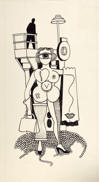 Abstract cubist-style drawing of a woman standing. The silhouette of a man standing on a structure is in the background. 