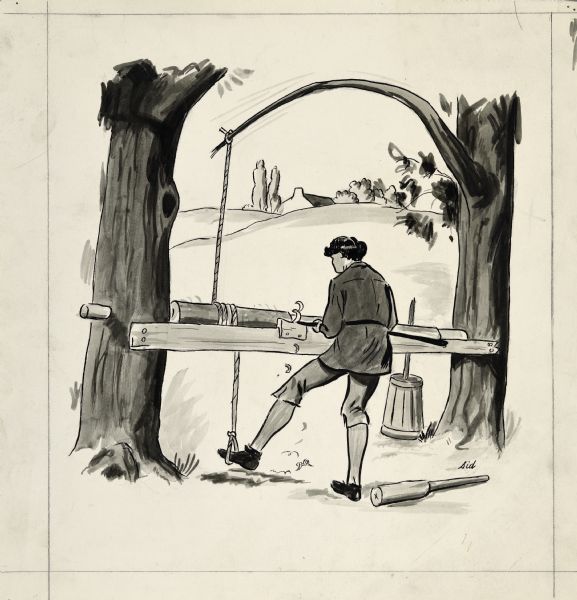 Rendering of a man using handmade lathe. The lathe consists of a tree branch tied with a rope attached to a log suspended between two tree trunks, and a loop for the man to power with his foot the movement to allow him to use a tool for shaping. On the ground nearby is a butter churn.